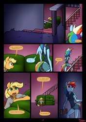 Size: 850x1200 | Tagged: safe, artist:slypon, applejack, rainbow dash, pegasus, anthro, comic:night mares (series), comic:night mares 4, g4, breasts, comic, couch, explicit source, female, lesbian, mare, ship:appledash, shipping, staircase, stairs