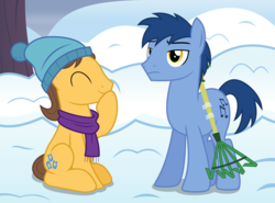 Size: 2698x2000 | Tagged: safe, artist:chainchomp2, blues, caramel, noteworthy, earth pony, pony, g4, clothes, context is for the weak, cute, giggling, hat, high res, male, rake, scarf, stallion, tape, vector, winter