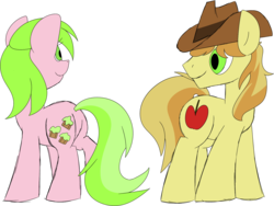 Size: 1560x1171 | Tagged: dead source, safe, artist:taaffeiite, braeburn, red gala, g4, apple family member, background pony, female, looking at each other, male, mare, simple background, stallion, transparent background