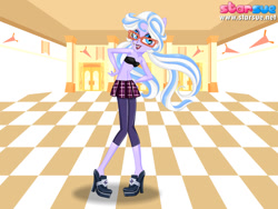 Size: 800x600 | Tagged: safe, sugarcoat, equestria girls, g4, my little pony equestria girls: friendship games, bandeau, black underwear, bra, clothes, female, glasses, high heels, leggings, midriff, open clothes, partial nudity, pigtails, school uniform, skirt, solo, starsue, topless, underwear, undressing