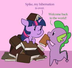 Size: 1280x1196 | Tagged: safe, artist:estrill, spike, twilight sparkle, pony, g4, askbookobsessedtwilight, book, book nest, dialogue, hibernation, that pony sure does love books, waking up