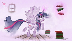 Size: 1400x800 | Tagged: safe, artist:pimander1446, twilight sparkle, alicorn, pony, g4, book, female, magic, mare, solo, traditional art, twilight sparkle (alicorn), watercolor painting, window