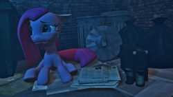 Size: 1600x900 | Tagged: safe, artist:hellhounds04, pinkie pie, earth pony, pony, g4, 3d, crying, feels, female, homeless, newspaper, pinkamena diane pie, sad, solo, source filmmaker, trash can