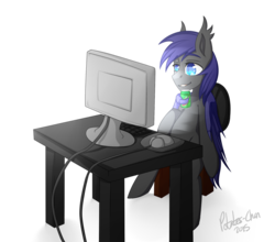 Size: 995x876 | Tagged: safe, artist:potates-chan, oc, oc only, oc:au hasard, bat pony, pony, bat pony oc, chair, computer, computer mouse, food, keyboard, monitor, mountain dew, simple background, sitting, slit pupils, solo, transparent background