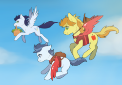 Size: 1280x902 | Tagged: safe, artist:sinclair2013, braeburn, shady daze, soarin', earth pony, pegasus, pony, g4, artificial wings, augmented, backpack, clothes, cloud, colt, commission, fake wings, family, father, father and son, flying, implied gay, magical gay spawn, offspring, parent:braeburn, parent:soarin', parents:soarburn, picnic basket, ship:soarburn, shipping, sky, vest, wings