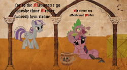 Size: 1280x707 | Tagged: safe, artist:bonesoup, twilight sparkle, twilight velvet, comic:the tales of canterlot, g4, comic, middle english, stylistic suck