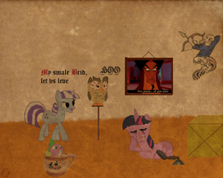 Size: 1280x1024 | Tagged: safe, artist:bonesoup, owlowiscious, spike, twilight sparkle, twilight velvet, comic:the tales of canterlot, g4, aladdin, comic, jafar, middle english, stylistic suck