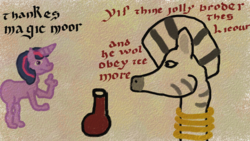 Size: 1200x675 | Tagged: safe, artist:bonesoup, twilight sparkle, zecora, zebra, comic:the tales of canterlot, g4, comic, middle english, stylistic suck