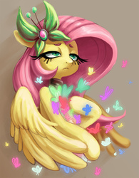 Size: 784x1006 | Tagged: safe, artist:sunbusting, fluttershy, butterfly, pegasus, pony, g4, barrette, bust, female, hair accessory, holding, hoof on chest, lidded eyes, looking away, solo