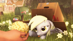 Size: 1920x1080 | Tagged: safe, artist:d3athbox, derpy hooves, human, pony, g4, 3d, box, box trot, cute, derpabetes, female, food, grass, hand, mailbox, muffin, solo, source filmmaker, tongue out, weapons-grade cute