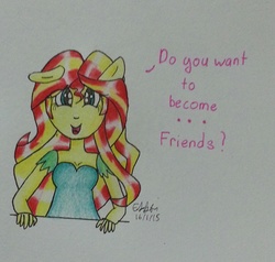Size: 1651x1574 | Tagged: safe, artist:lizzyisme, sunset shimmer, equestria girls, g4, female, ponied up, pony ears, question, solo, traditional art