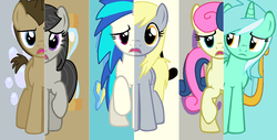 Size: 1413x719 | Tagged: safe, artist:randomfan12, bon bon, derpy hooves, dj pon-3, doctor whooves, lyra heartstrings, octavia melody, sweetie drops, time turner, vinyl scratch, earth pony, pegasus, pony, unicorn, g4, background six, female, male, mare, stallion, swapped cutie marks, what my cutie mark is telling me