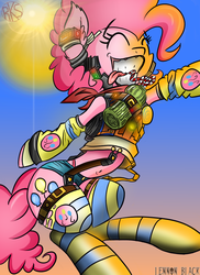 Size: 762x1048 | Tagged: safe, artist:brony-f, artist:lennonblack, pinkie pie, g4, arm warmers, belly button, clothes, crossover, female, midriff, podracing, socks, solo, star wars, straw, sun