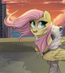 Size: 1024x1158 | Tagged: safe, artist:shellydreams, fluttershy, g4, city, cityscape, clothes, concrete, evening, female, jacket, solo, spread wings, standing, windswept mane