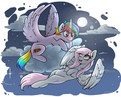 Size: 3000x2400 | Tagged: safe, artist:shellydreams, oc, oc only, alicorn, pegasus, pony, cloud, flying, high res, night