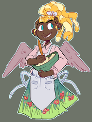 Size: 907x1200 | Tagged: safe, artist:stevetwisp, derpy hooves, tree hugger, oc, oc only, oc:wild flour, human, g4, bowl, clothes, cooking, cute, dark skin, derpyhugger, dreadlocks, dress, female, fusion, happy, humanized, piercing, solo, spoon, winged humanization