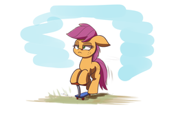 Size: 1280x853 | Tagged: safe, artist:heir-of-rick, scootaloo, daily apple pony, g4, annoyed, female, floppy ears, frown, grumpy, raised eyebrow, recolor, scooter, solo, unamused, unhappy