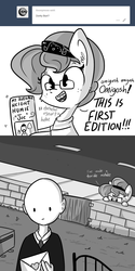 Size: 792x1584 | Tagged: safe, artist:tjpones, oc, oc only, oc:brownie bun, oc:richard, earth pony, human, pony, horse wife, adorkable, ask, braces, brownie bun without her pearls, comic, cute, dork, ear fluff, excited, female, glasses, grayscale, hairband, hiding, human male, love letter, male, mare, monochrome, my little human, nerd, nervous, simple background, sweat, tumblr, white background
