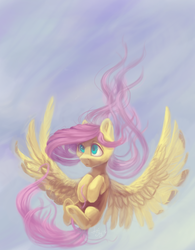 Size: 1271x1627 | Tagged: safe, artist:amishy, fluttershy, pegasus, pony, g4, airborne, female, flying, looking at something, mare, sky, solo, spread wings, three quarter view, windswept hair, windswept mane, wings