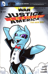 Size: 542x831 | Tagged: safe, artist:retrostarling, trixie, pony, unicorn, g4, bowtie, clothes, cosplay, costume, crossover, female, fishnet stockings, justice league, mare, solo, stockings, zatanna