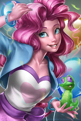 Size: 800x1200 | Tagged: safe, artist:imdrunkontea, gummy, pinkie pie, alligator, equestria girls, g4, balloon, clothes, female, looking at you, nail polish, realistic, solo