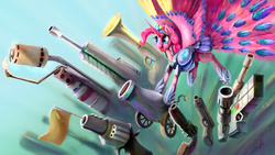 Size: 5760x3240 | Tagged: safe, artist:silfoe, pinkie pie, alicorn, pony, g4, armor, awesome, element of laughter, elements of harmony, epic, fake gun, female, flamethrower, flugelhorn, glock, gun, mare, partillery, party cannon, peacock feathers, peacock tail, pinkiecorn, race swap, revolver, rifle, solo, team fortress 2, unlimited pinkie works, wallpaper, weapon, xk-class end-of-the-world scenario
