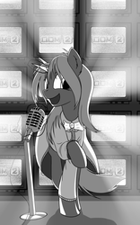 Size: 1264x2020 | Tagged: safe, artist:rublegun, pony, unicorn, clothes, grayscale, microphone, monochrome, ponified, russian, solo, television, tv show