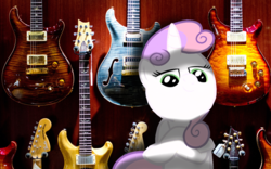 Size: 1920x1200 | Tagged: safe, artist:kuren247, artist:neversure, sweetie belle, g4, fender, guitars, irl, paul reed smith, photo, ponies in real life, pose, solo, vector, warrior