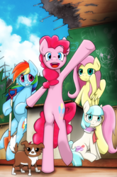 Size: 1650x2500 | Tagged: safe, artist:heedheed, coco pommel, fluttershy, pinkie pie, rainbow dash, winona, g4, building, chalkboard, crossover, gakkou gurashi, hole, looking at you, shovel