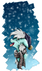 Size: 1024x1717 | Tagged: safe, artist:hilis, oc, oc only, oc:hurricane, pony, catching snowflakes, clothes, eyes closed, hat, open mouth, scarf, simple background, snow, snowfall, snowflake, solo, transparent background