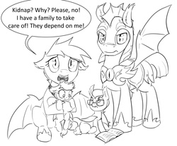 Size: 1280x1061 | Tagged: safe, artist:silfoe, oc, oc:evening melody, bat pony, pony, royal sketchbook, book, cute, dialogue, family, female, filly, floppy ears, frown, glare, glasses, grayscale, hoof hold, hug, looking at you, monochrome, night guard, open mouth, sad, sitting, speech bubble, spread wings, wide eyes