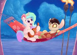 Size: 1300x926 | Tagged: safe, artist:celestiathegreatest, discord, princess celestia, alicorn, draconequus, pony, g4, cewestia, disney, duo, filly, foal, hammock, lilo and stitch, musical instrument, ocean, ukulele, water, young, younger