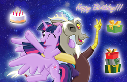 Size: 1533x995 | Tagged: safe, artist:majkashinoda626, discord, twilight sparkle, alicorn, draconequus, pony, g4, birthday cake, cake, female, food, male, mare, present, ship:discolight, shipping, straight, twilight sparkle (alicorn)