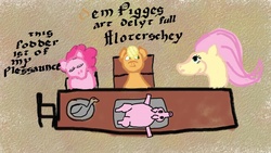 Size: 1200x675 | Tagged: safe, artist:bonesoup, applejack, fluttershy, pinkie pie, pig, comic:the tales of canterlot, g4, comic, middle english, ponies eating meat, stylistic suck