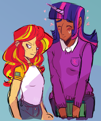 Size: 833x1000 | Tagged: safe, artist:stevetwisp, sci-twi, sunset shimmer, twilight sparkle, human, g4, adorkable, blushing, cute, dark skin, dork, female, heart, horn, horned humanization, humanized, lesbian, ship:sci-twishimmer, ship:sunsetsparkle, shipping, size difference, sweat