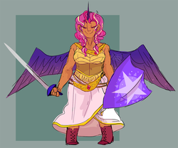 Size: 1200x996 | Tagged: safe, artist:stevetwisp, sci-twi, oc, oc:princess morning star (stevetwisp), equestria girls, g4, alicorn oc, alicornified, armor, body freckles, boots, clothes, dark skin, dress, female, freckles, fusion, fusion:sunset shimmer, fusion:sunsetsparkle, fusion:twilight sparkle, horn, horned humanization, humanized, moderate dark skin, race swap, shield, solo, spread wings, sword, weapon, winged humanization