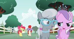Size: 1036x547 | Tagged: safe, screencap, apple bloom, diamond tiara, silver spoon, earth pony, pony, call of the cutie, g4, apple bloom is not amused, apple bloom's bow, arrogant, best friends, bow, bully, bullying, female, filly, foal, frown, glare, glasses, hair bow, jewelry, laughing, looking at each other, narrowed eyes, necklace, pearl necklace, sin of pride, smiling, smirk, snob, tiara, unamused, upset, walking