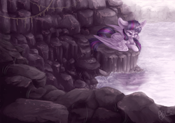 Size: 2000x1407 | Tagged: safe, artist:hamatte, twilight sparkle, alicorn, pony, g4, crying, female, mare, reflection, rock, sad, solo, twilight sparkle (alicorn), water