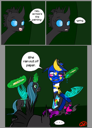 Size: 1000x1400 | Tagged: safe, artist:ryuredwings, queen chrysalis, changeling, changeling queen, nymph, g4, comic, cute, cutealis, dialogue, female, filly, filly queen chrysalis, foal, paint, silly, younger