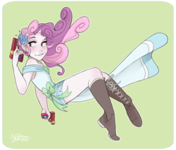Size: 2500x2135 | Tagged: safe, artist:skirtzzz, sweetie belle, human, g4, crossover, dressphere, female, final fantasy, final fantasy x-2, gun, gunner, high res, horn, horned humanization, humanized, pony coloring, solo, weapon