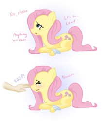 Size: 1294x1470 | Tagged: safe, artist:adequality, artist:cups, derpibooru exclusive, fluttershy, earth pony, human, g4, :o, adorable distress, blushing, bondage, boop, comic, crying, cute, earth pony fluttershy, eyes closed, hand, lewd, lidded eyes, looking up, non-consensual booping, open mouth, personal space invasion, prone, race swap, sad, shyabetes, simple background, solo focus, tied up, unsexy bondage, white background, wingless, worried