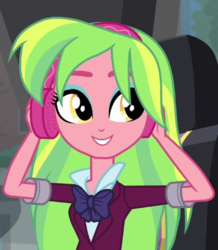 Size: 429x492 | Tagged: safe, screencap, lemon zest, equestria girls, g4, my little pony equestria girls: friendship games, clothes, crystal prep academy uniform, female, headphones, school uniform, smiling, solo