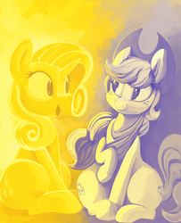 Size: 2500x3080 | Tagged: safe, artist:dimfann, applejack, rarity, earth pony, pony, unicorn, g4, duo, glowing, gold, happy, high res, limited palette, sitting, smiling