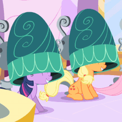 Size: 735x735 | Tagged: safe, screencap, applejack, fluttershy, twilight sparkle, earth pony, pony, unicorn, g4, season 1, the best night ever, animated, carousel boutique, cinemagraph, clockwork, female, hair dryer, hair styling, happy, loop, looped, mare, nodding, offscreen character, sitting, unicorn twilight, vibrating