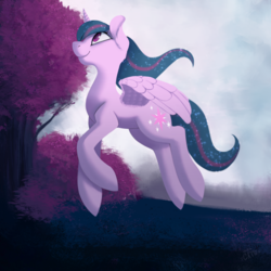Size: 2000x2000 | Tagged: safe, artist:miss-cats, twilight sparkle, alicorn, pony, g4, female, flying, high res, looking up, mare, solo, tree, twilight sparkle (alicorn)