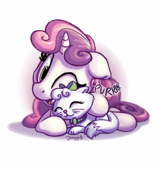 Size: 1100x1187 | Tagged: safe, artist:bobdude0, opalescence, sweetie belle, cat, pony, unicorn, g4, cute, diasweetes, duo, eyes closed, female, filly, petting, purring, smiling