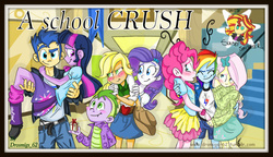 Size: 1530x880 | Tagged: safe, artist:vago-xd, applejack, flash sentry, fluttershy, pinkie pie, rainbow dash, rarity, spike, sunset shimmer, twilight sparkle, fanfic:a school crush, equestria girls, g4, bridal carry, carrying, clothes, fanfic, fanfic art, female, human spike, humane five, humane six, lesbian, male, off shoulder, ship:flashlight, ship:flutterdash, ship:pinkiedash, ship:rarijack, shipping, straight, sweater, sweatershy