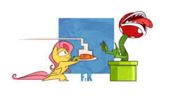 Size: 1920x1080 | Tagged: safe, artist:fluttershythekind, fluttershy, g4, carrot, denied, food, herbivore vs carnivore, open mouth, piranha plant, super mario bros., tongue out, warp pipe