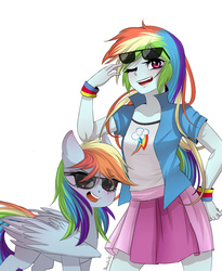 Size: 900x1100 | Tagged: safe, artist:yanshiki, rainbow dash, human, pony, equestria girls, g4, 20% cooler, clothes, cooler, duo, human ponidox, jacket, open mouth, self ponidox, simple background, skirt, square crossover, sunglasses, white background