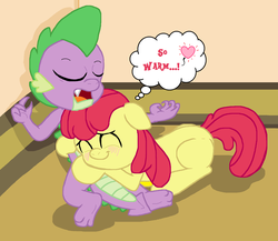 Size: 2732x2373 | Tagged: safe, artist:tagman007, apple bloom, spike, g4, female, high res, hug, male, ship:spikebloom, shipping, snuggling, straight